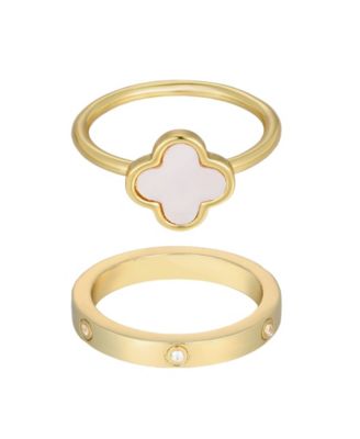 ADORNIA Gold Freshwater Pearl Clover and Eternity Band Ring Set