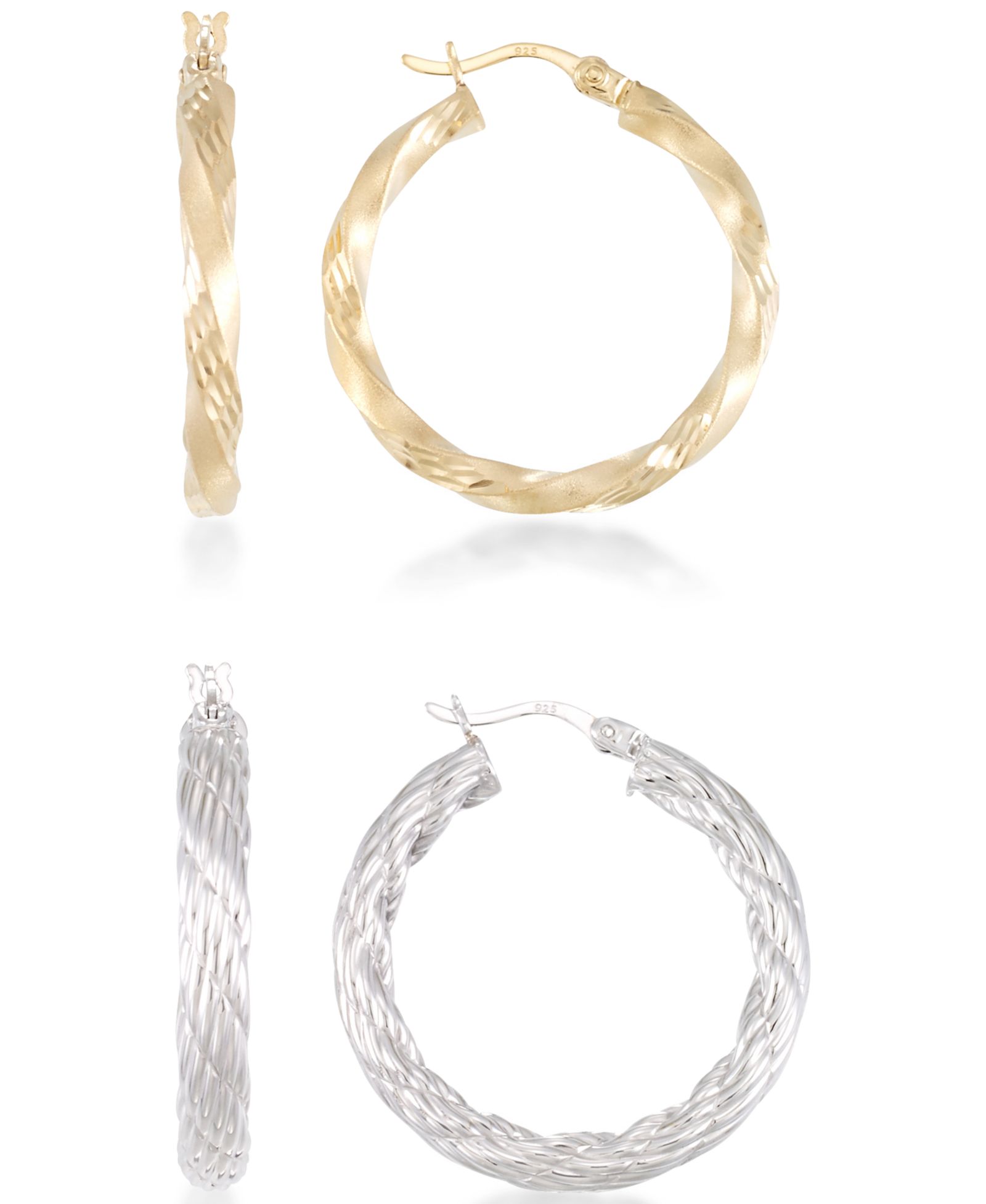 2-Pc. Set Rope and Satin Finish Round Hoop Earrings in 14k Gold-Plated Sterling Silver and Sterling Silver