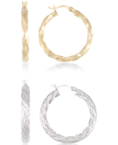 2-Pc. Set Rope and Satin Finish Round Hoop Earrings in 14k Gold-Plated Sterling Silver and Sterling Silver