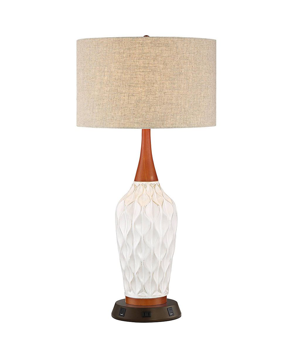 360 Lighting Mid Century Modern Table Lamp with USB and AC Power Outlet Workstation Charging Base 30" Tall Ceramic Drum Shade Bedroom