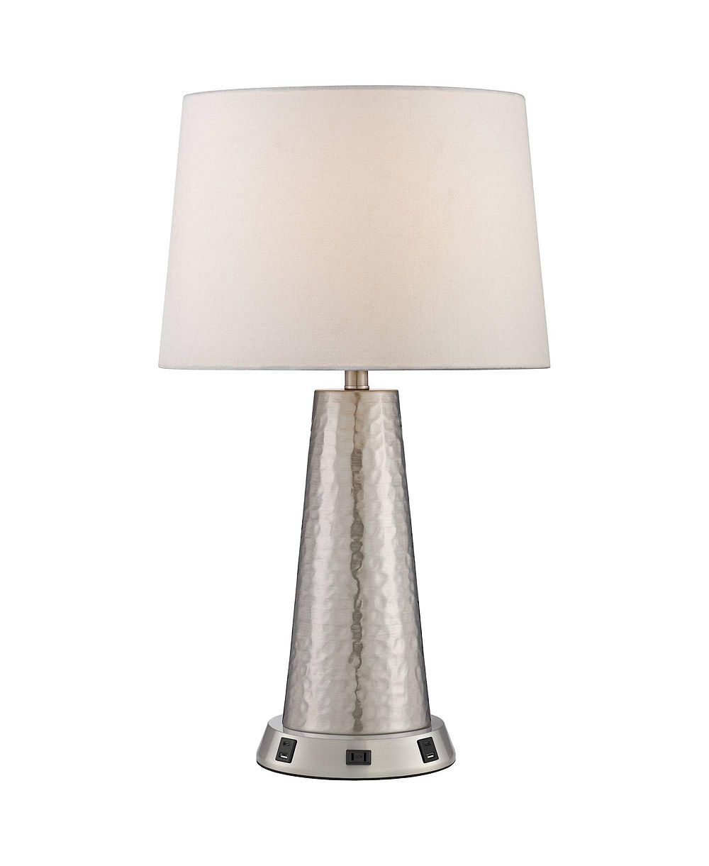 360 Lighting Modern Table Lamp with USB and AC Power Outlet Workstation Charging Base 25.75" High Hammered Silver Leaf Drum Shade Living Room