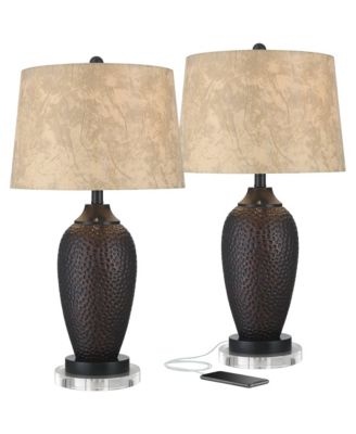 Franklin Iron Works Kaly Rustic Table Lamps Set of 2 with Round Risers 26" High Oil Rubbed with USB Charging Port Drum Shade for Living Room