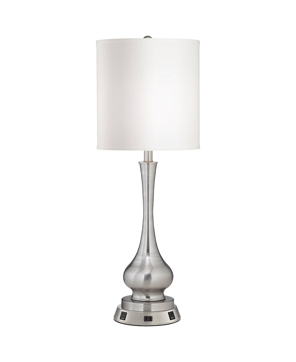 Possini Euro Design Modern Table Lamp 32" Tall Brushed Nickel with USB and AC Power Outlet Workstation Base Shade for Bedroom Living Room House