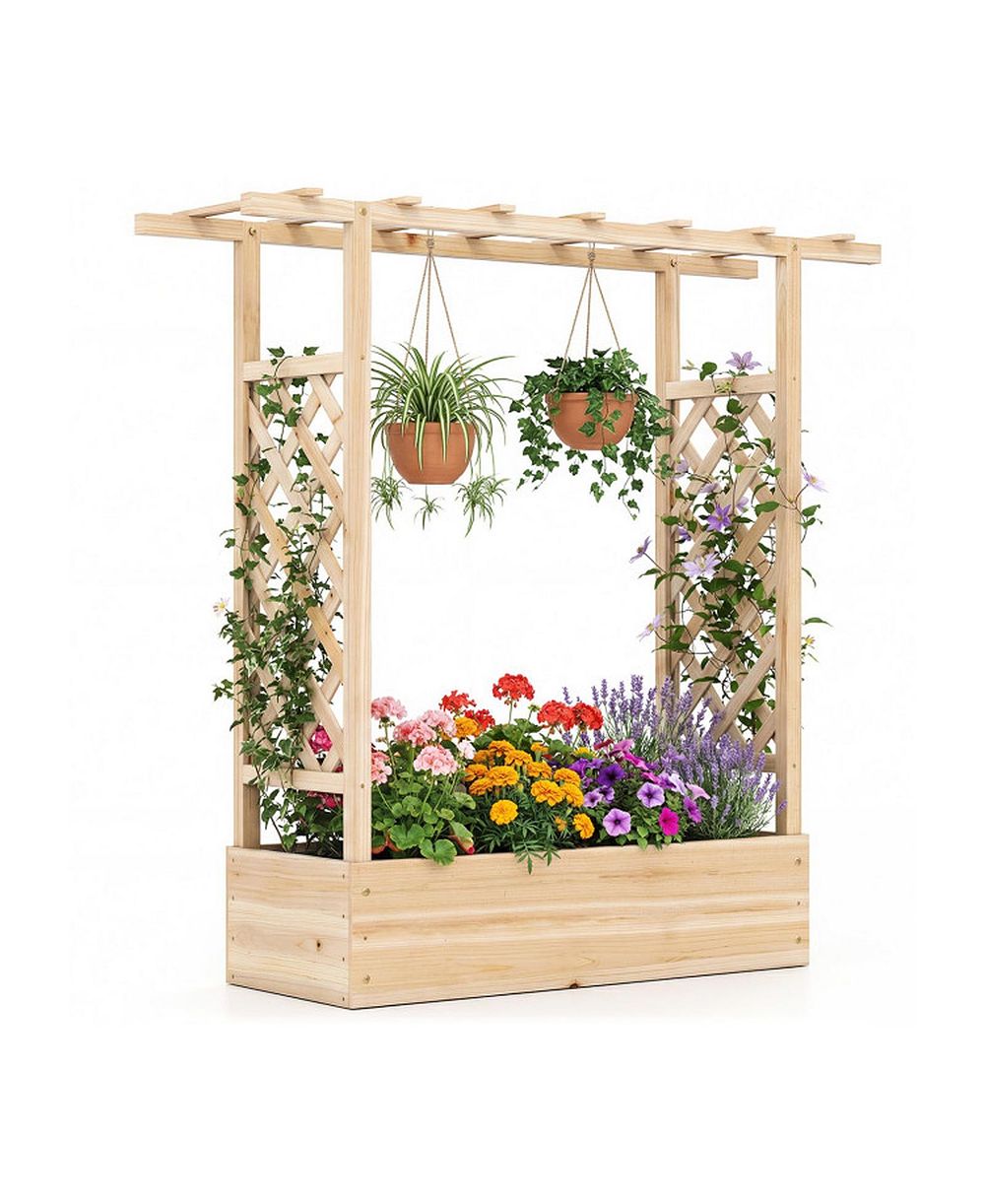 GOUUN 45 in Tall Wooden Raised Garden Bed with Side Trellis and Hanging Roof