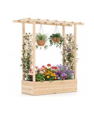 GOUUN 45 in Tall Wooden Raised Garden Bed with Side Trellis and Hanging Roof