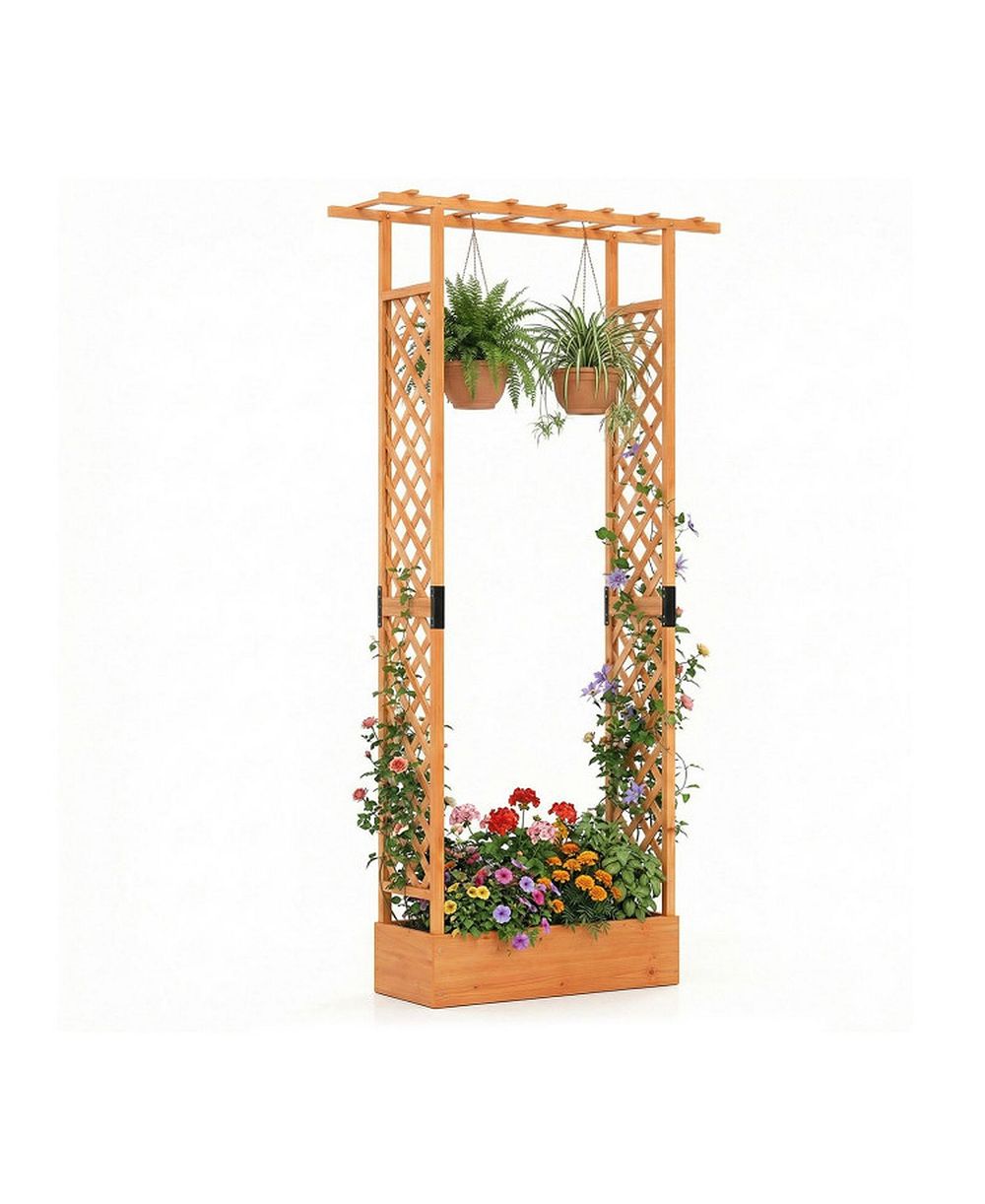 GOUUN 89 in Tall Wooden Raised Garden Bed with Side Trellis and Hanging Roof