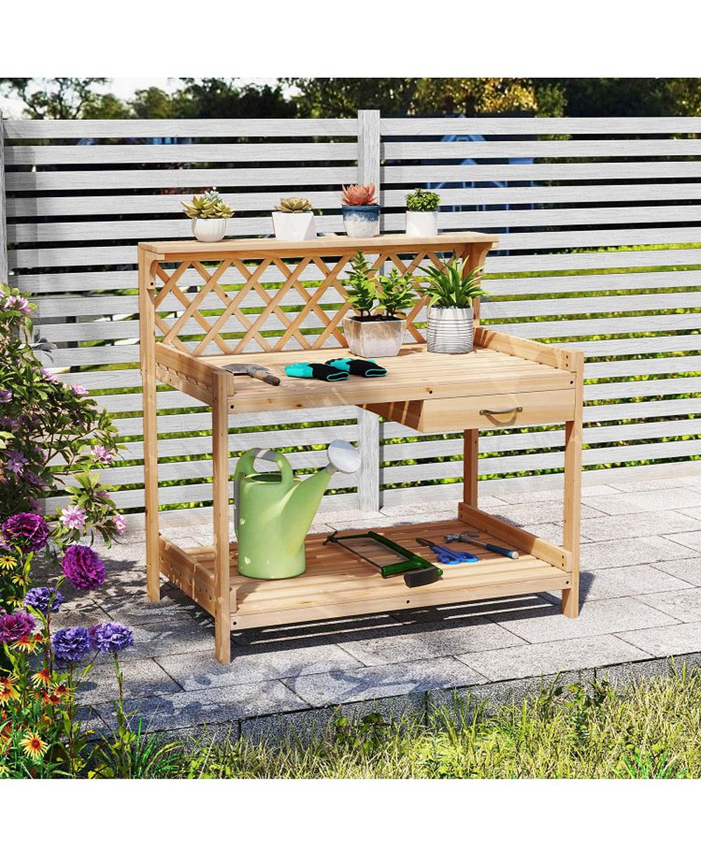 GOUUN Wooden Garden Potting Bench with Lattice Trellis and Drawer