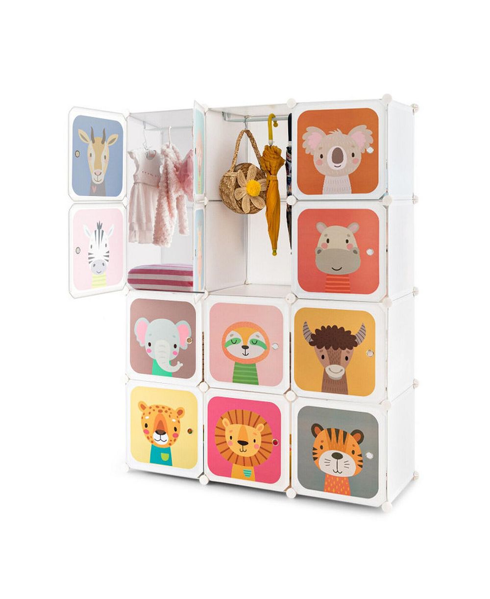 GOUUN 12-Cube Kids Wardrobe Closet with Hanging Section and Doors Storage