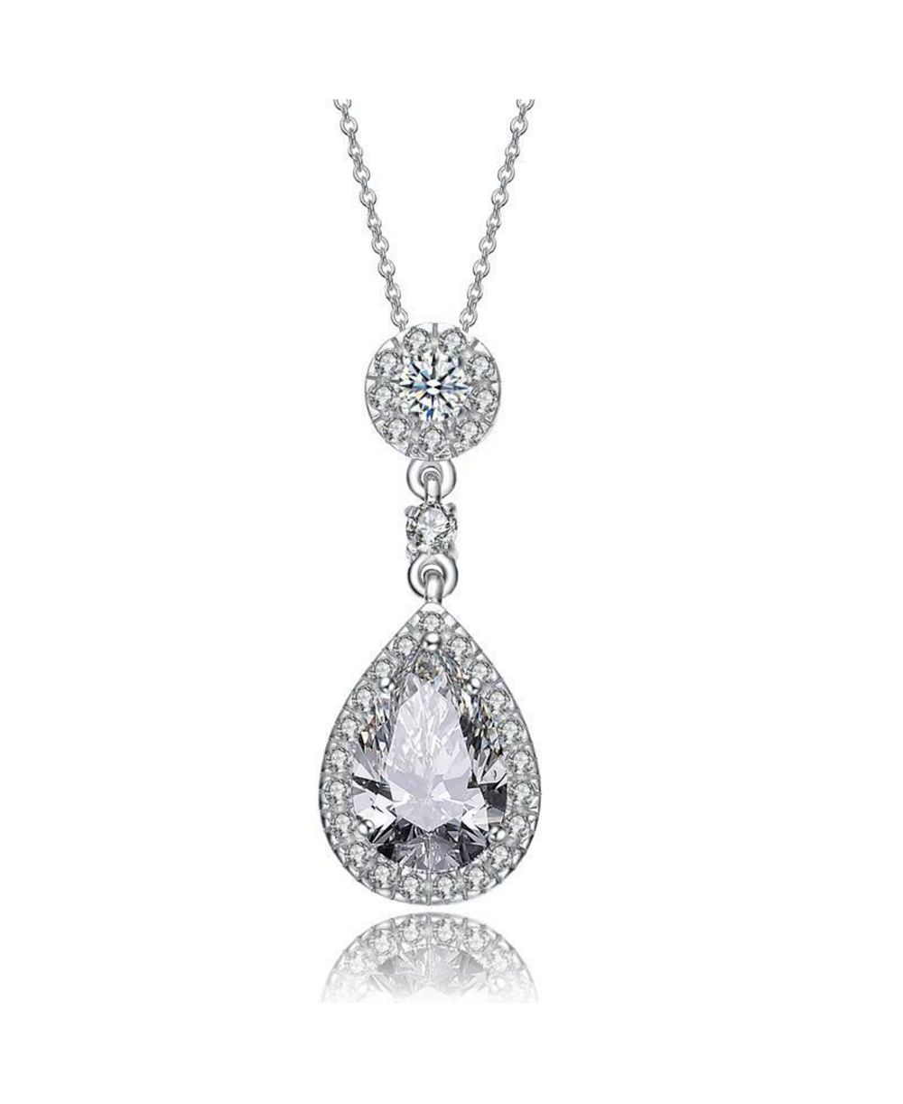 Genevive Modern White Gold Plated CZ Vintage Teardrop Pendant Necklace