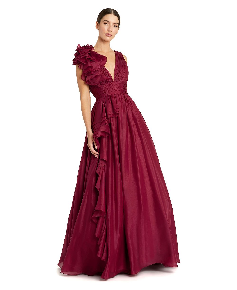 Вечернее платье Mac Duggal Petite Ruffle Shoulder V-Neck A-Line Evening Gown