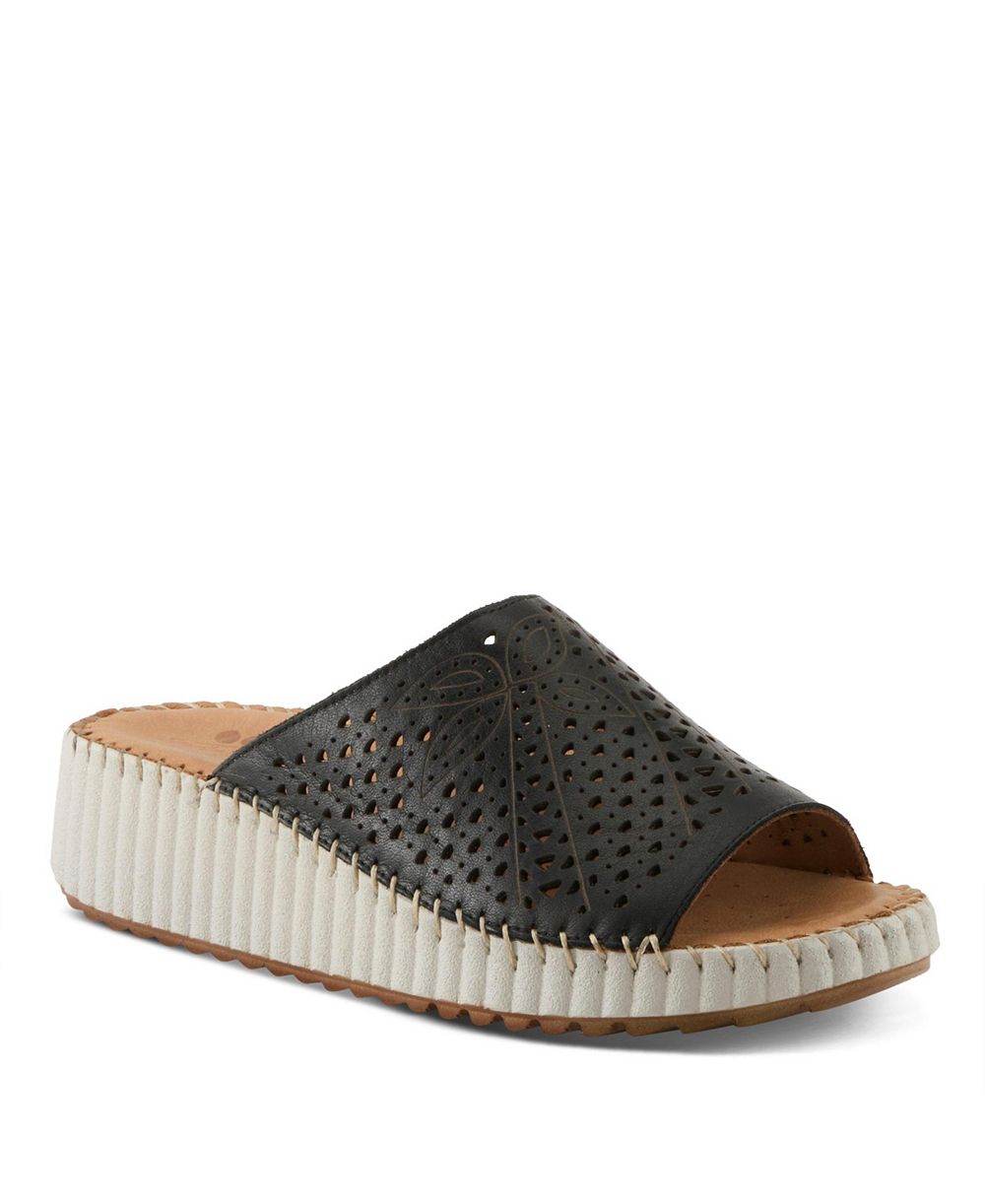 Spring Step Women's Rhydian Slip-On Leather Wedge Sandals Perforated Flower Design, Cushioned Footbed.