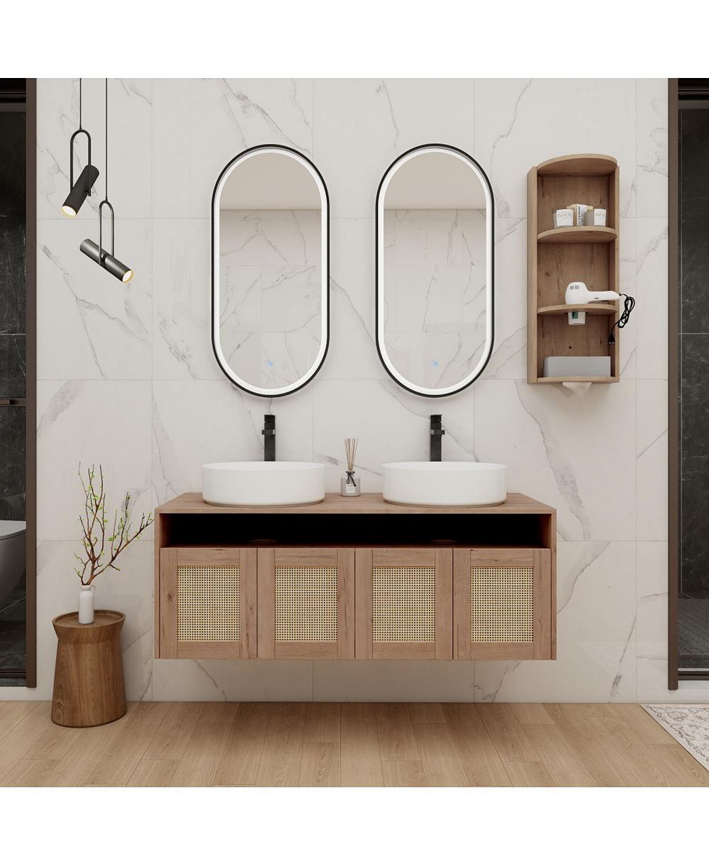 Sillysis Wall Mounted Double Bathroom Vanity Set, Modern Plywood Cabinet, Dual Vessel Ceramic Sinks, Open Storage Rack