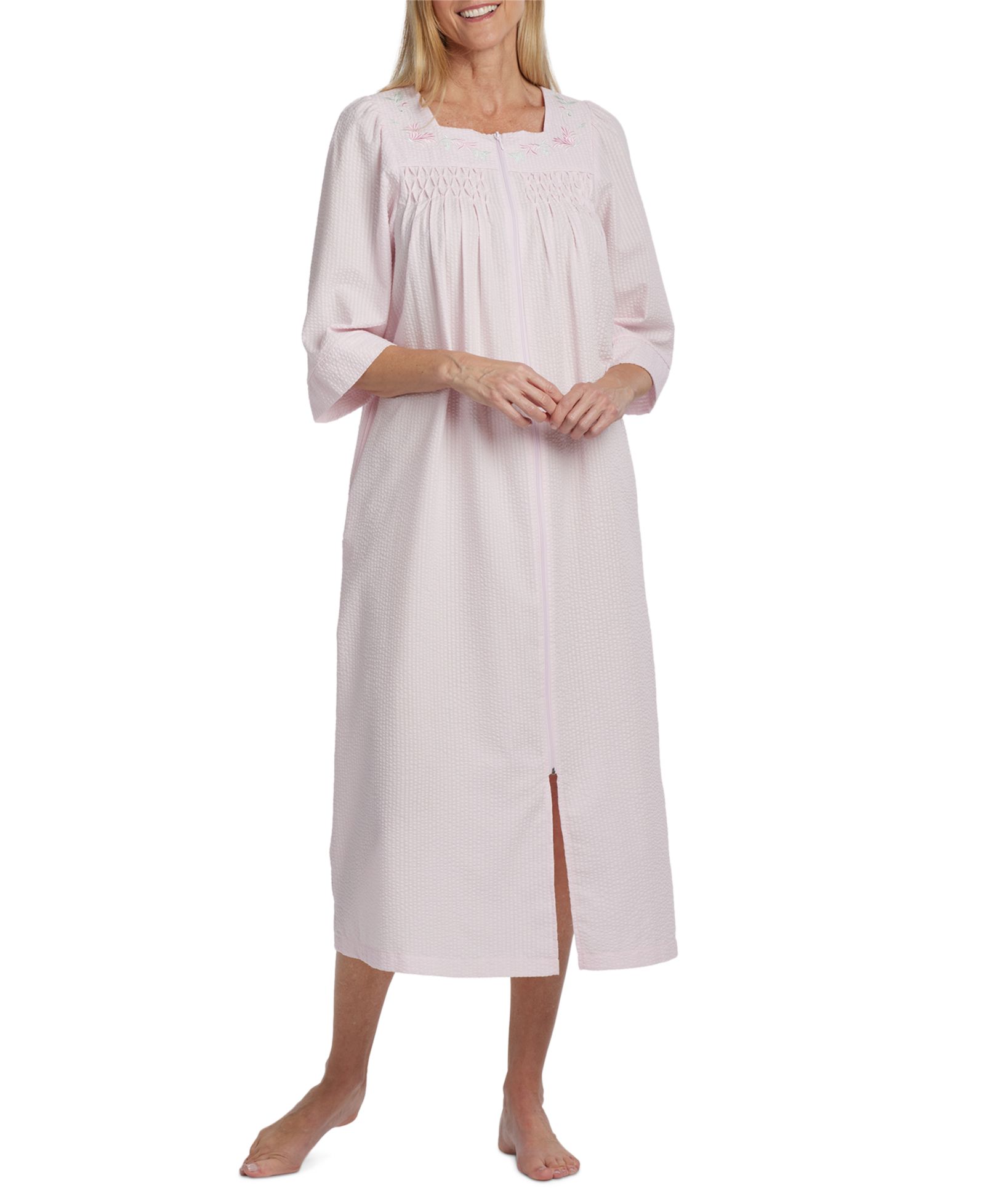 Miss Elaine Long Zipper Embroidered Seersucker Robe