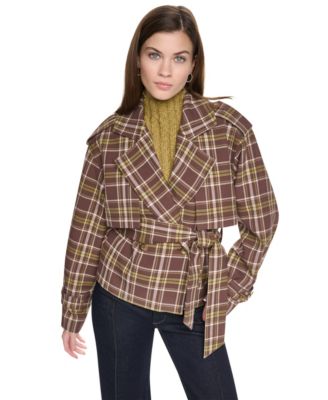 DKNY Jeans Women's Plaid Double-Breasted Short Trench Jacket