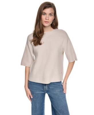 DKNY Jeans Women's Rugby Boxy Side Slits Short-Sleeve Crewneck Sweater