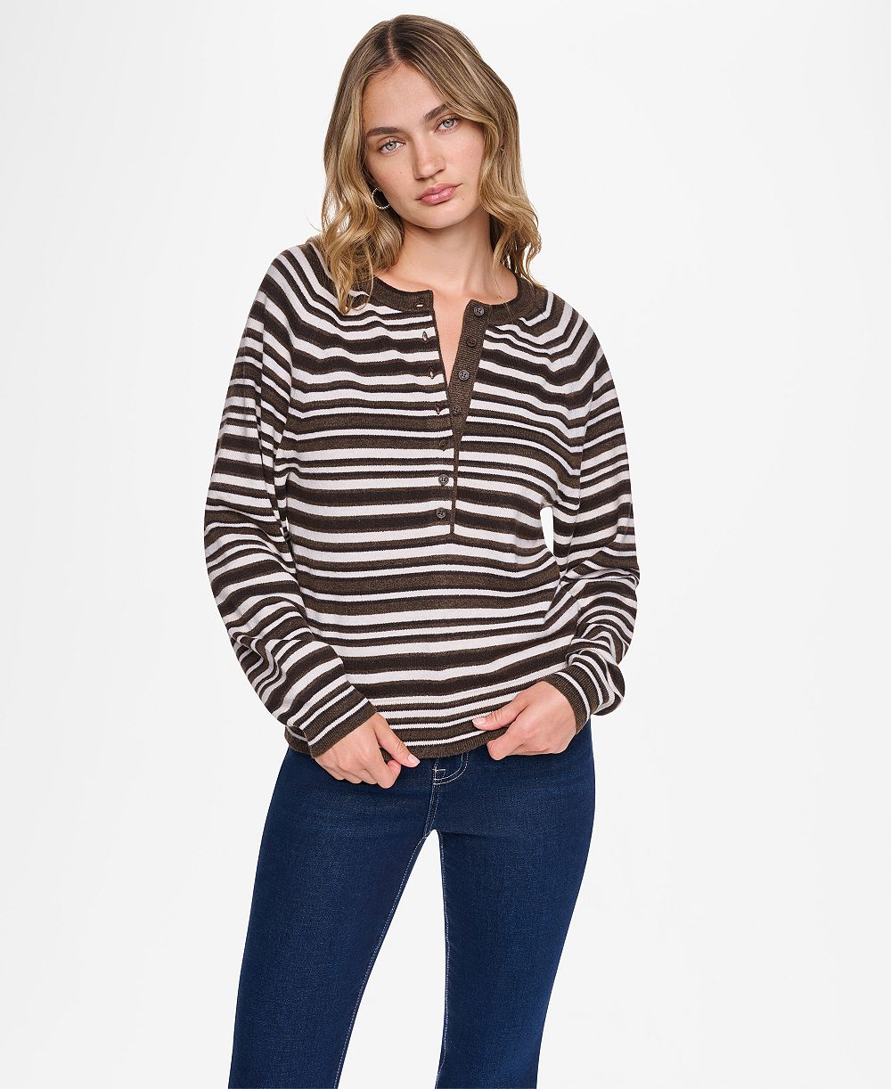 DKNY Jeans Women's Striped Raglan Crew Neck Long-Sleeve Henley Sweater
