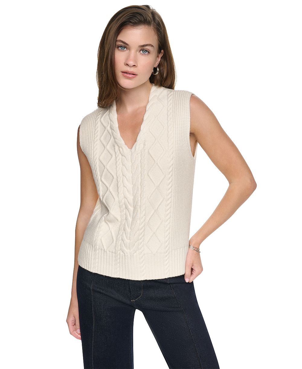 DKNY Jeans Women's Cable-Knit V-Neck Hi-Low Sweater