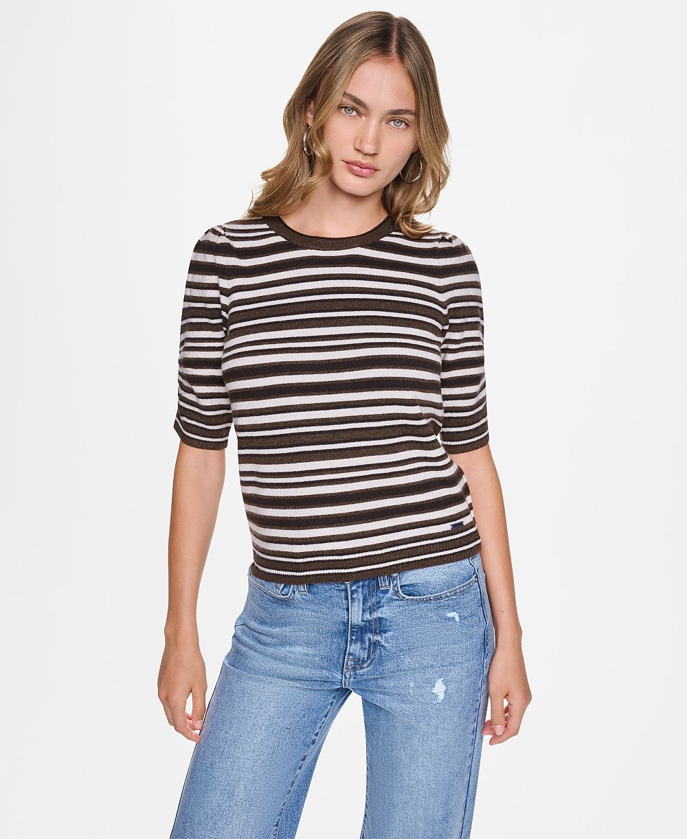 DKNY Jeans Women's Striped Puff-Sleeve Crewneck Sweater