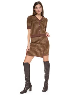 DKNY Jeans Women's Plaid Cropped Puff Short-Sleeve Cardigan