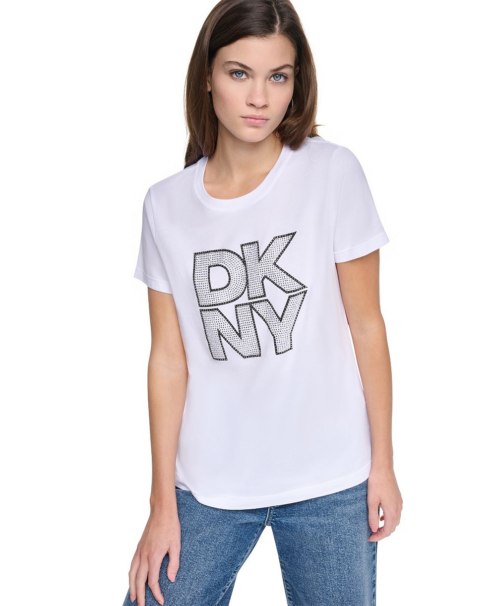 DKNY Jeans Women's Distressed Rhinestone Logo Short-Sleeve Crewneck T-Shirt