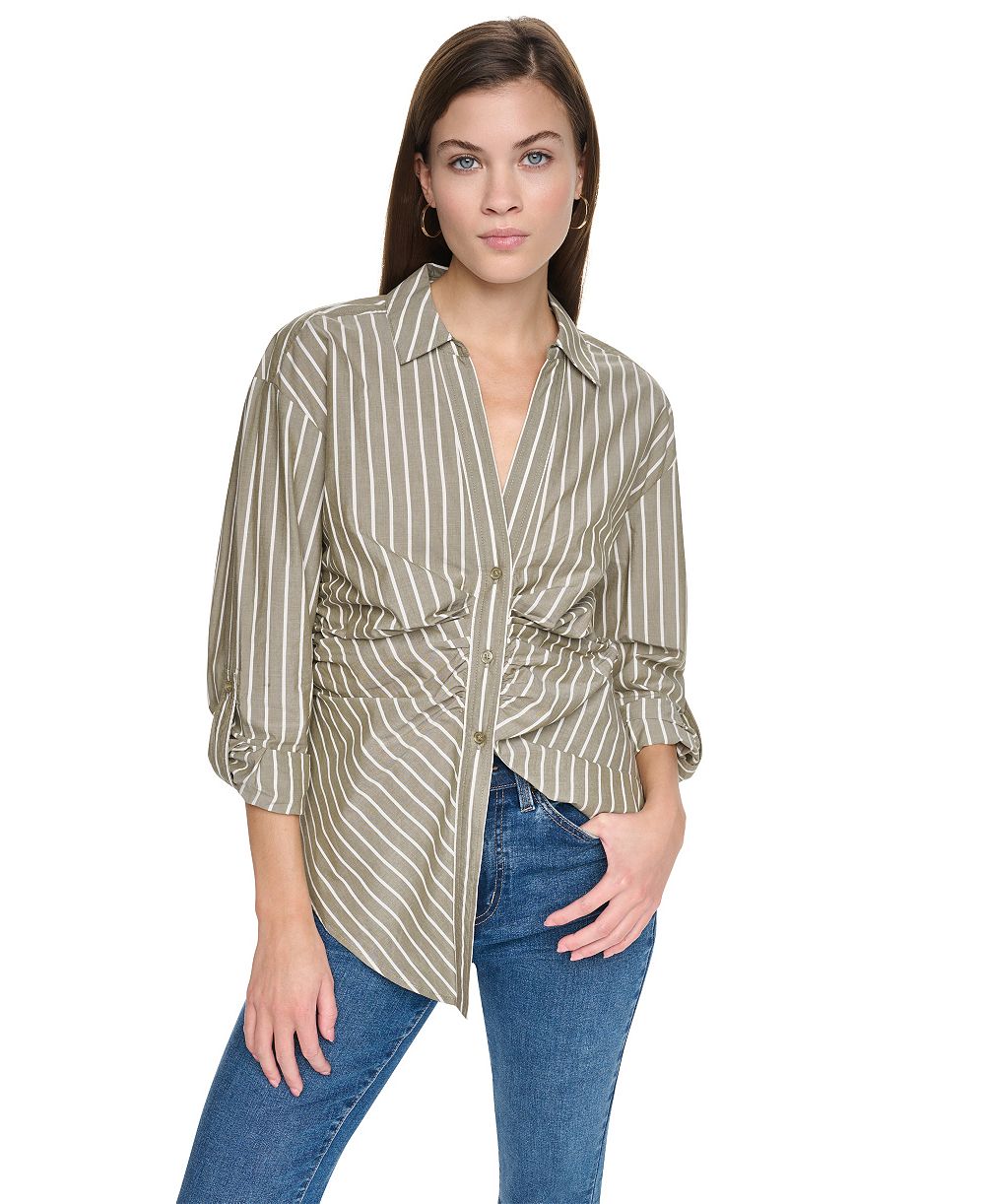 DKNY Jeans Women's Ruched Roll-Tab Sleeve Blouse