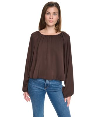 DKNY Jeans Women's Shirred Boat Neck Long-Sleeve Raglan Blouse
