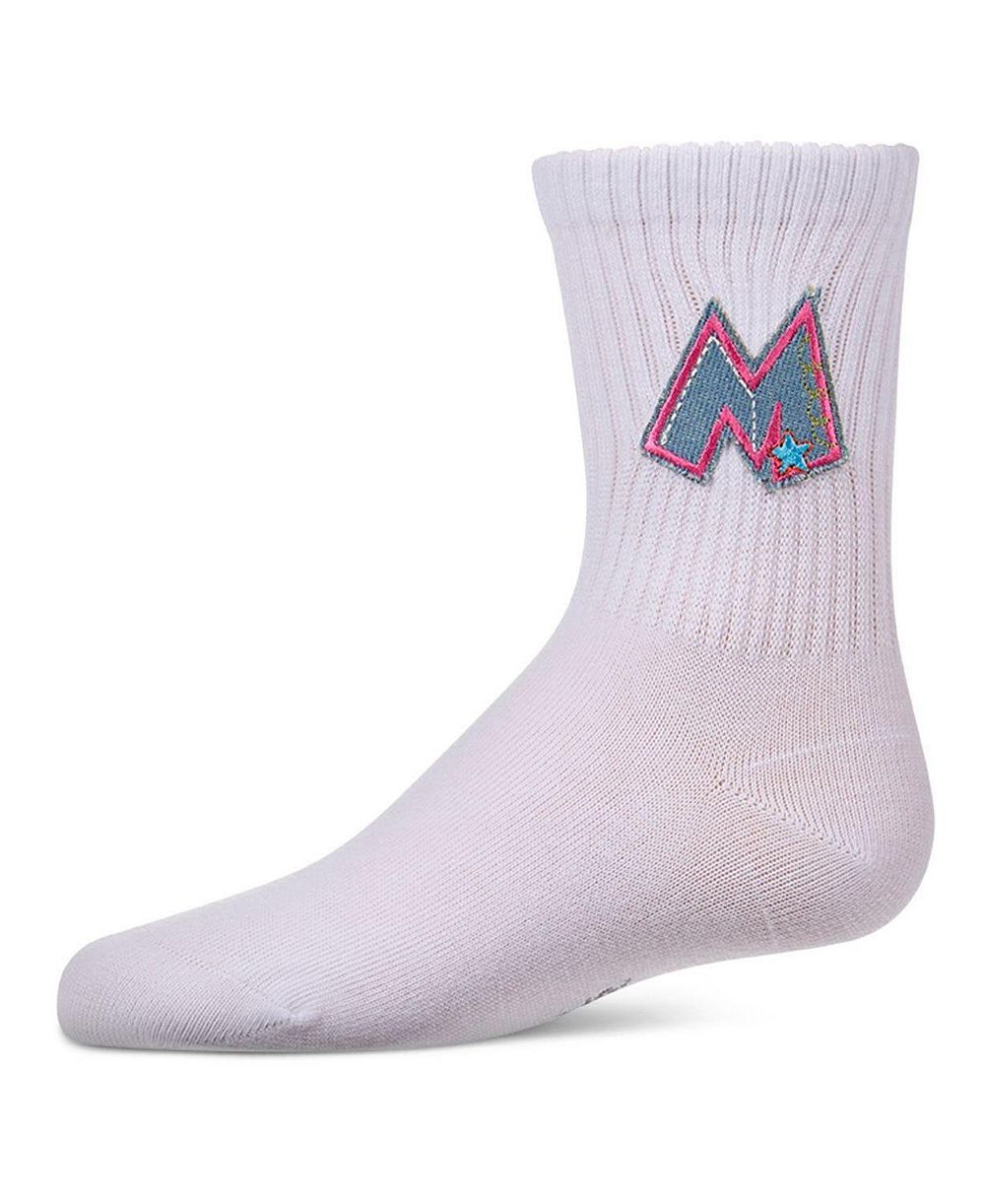 MeMoi Girls Ribbed Cotton-Rich Crew Socks with Embroidered Denim "M" Patch