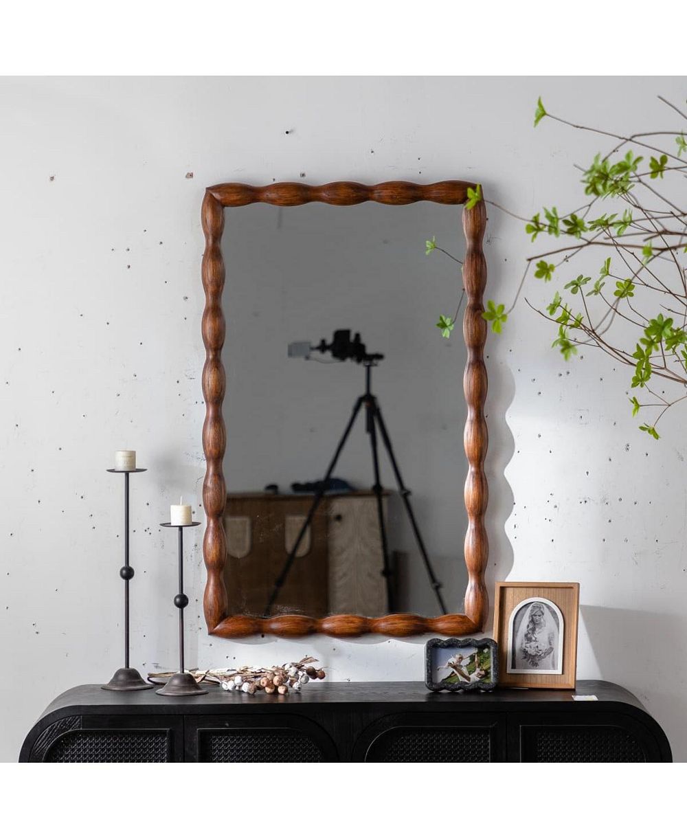 LAOTIES 36" x 24" Wood Decorative Wall Mirror, Rectangular Spindle Frame Mirror for Bathroom Vanity, Living Room, Entryway