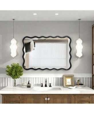 LAOTIES 40" x 28" Wavy Solid Wood Wall Mirror, Modern Decorative Mirror for Living Room and Entryway