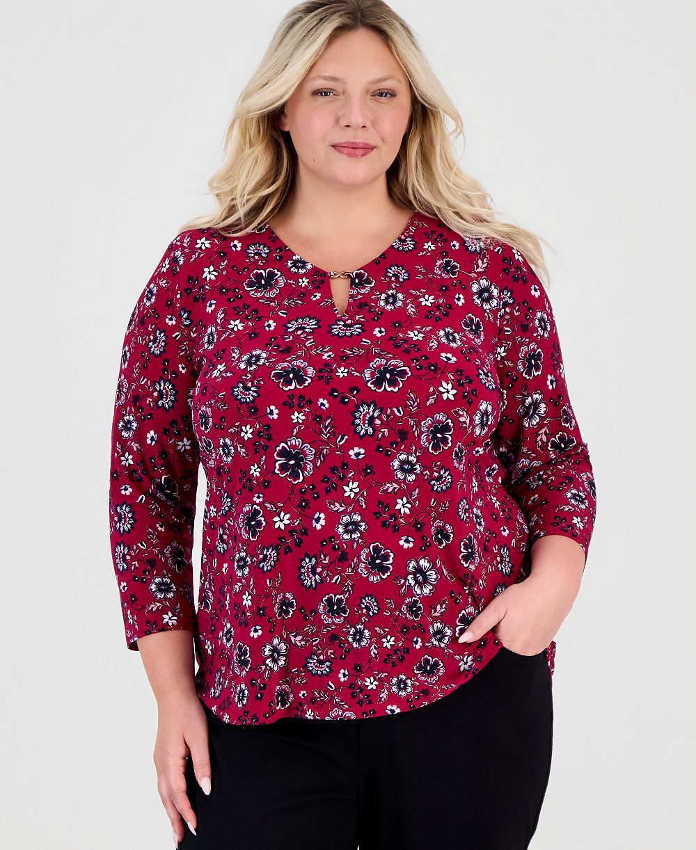 Блузка Jones New York Plus Size Kissing Trim Top Floral-Print V-Neck Keyhole Detail