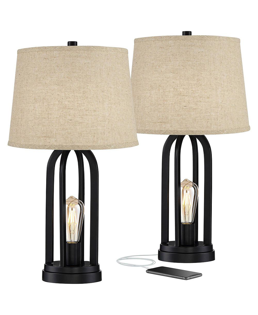 360 Lighting Marcel Industrial Table Lamps 24 1/4" High Set of 2 Black with USB Port LED Nightlight Burlap Drum Shade for Bedroom Living Room Desk