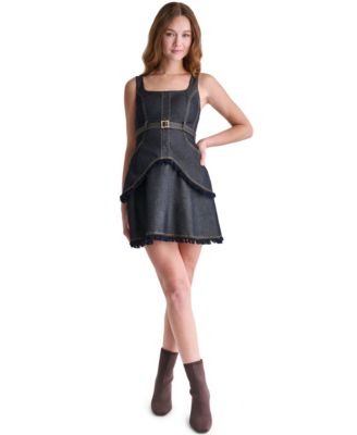Женское мини-платье BCBG Denim Square Neck с поясом и бахромой