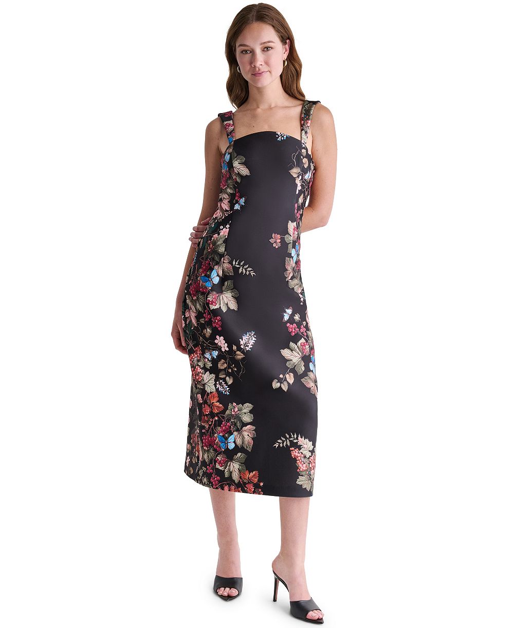 BCBG Women's Floral Print Square Neck Satin Midi Dress