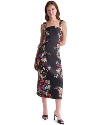 BCBG Women's Floral Print Square Neck Satin Midi Dress