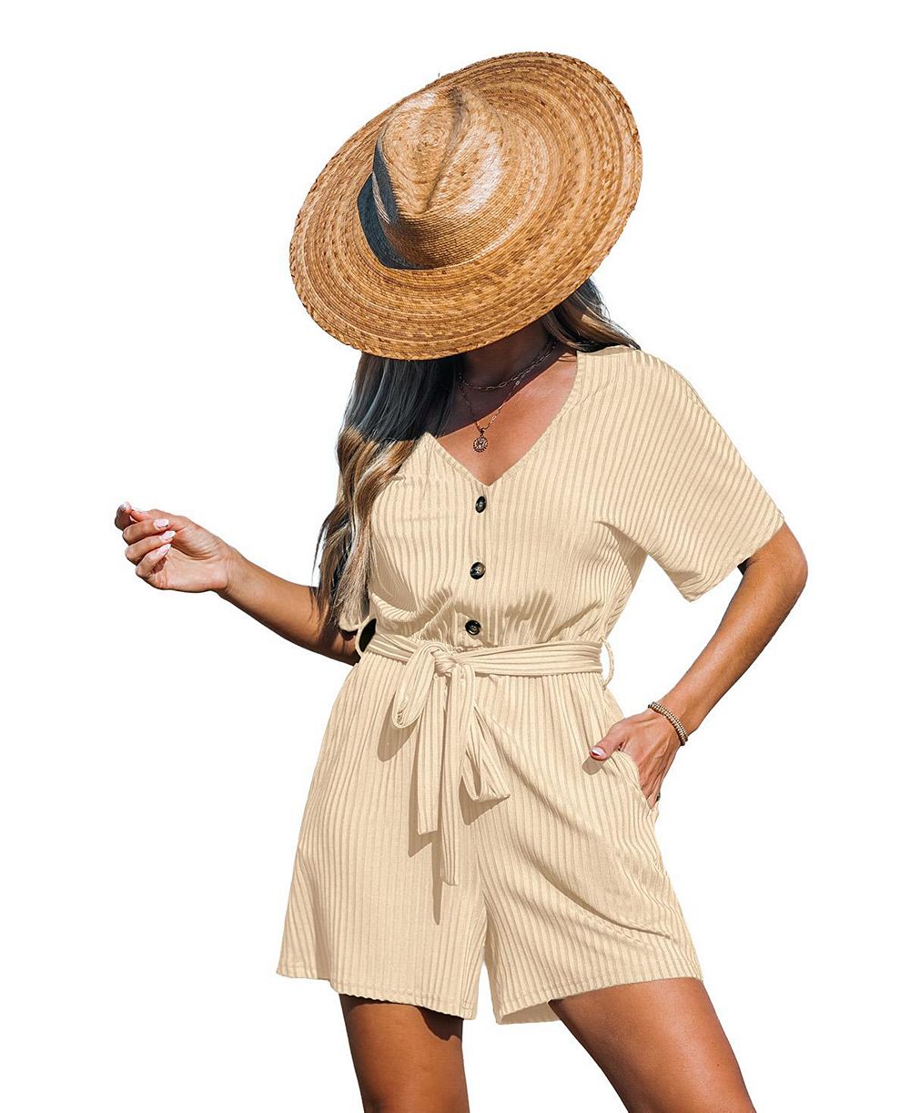 Cupshe Women's Ribbed V-Neck Tie Waist Short Sleeve Romper