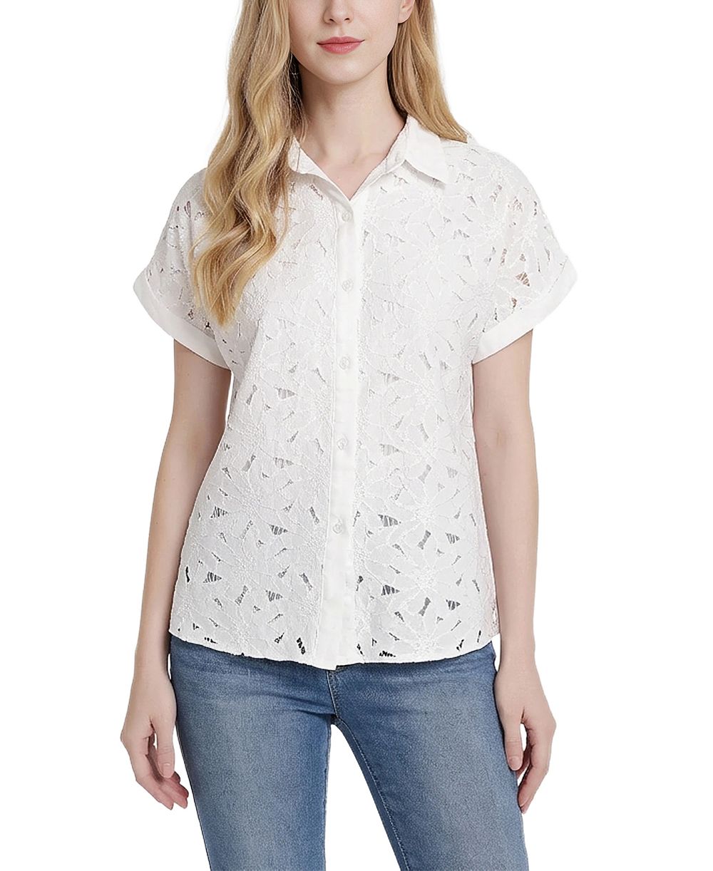 NY Collection Petite Short-Sleeve Eyelet Top