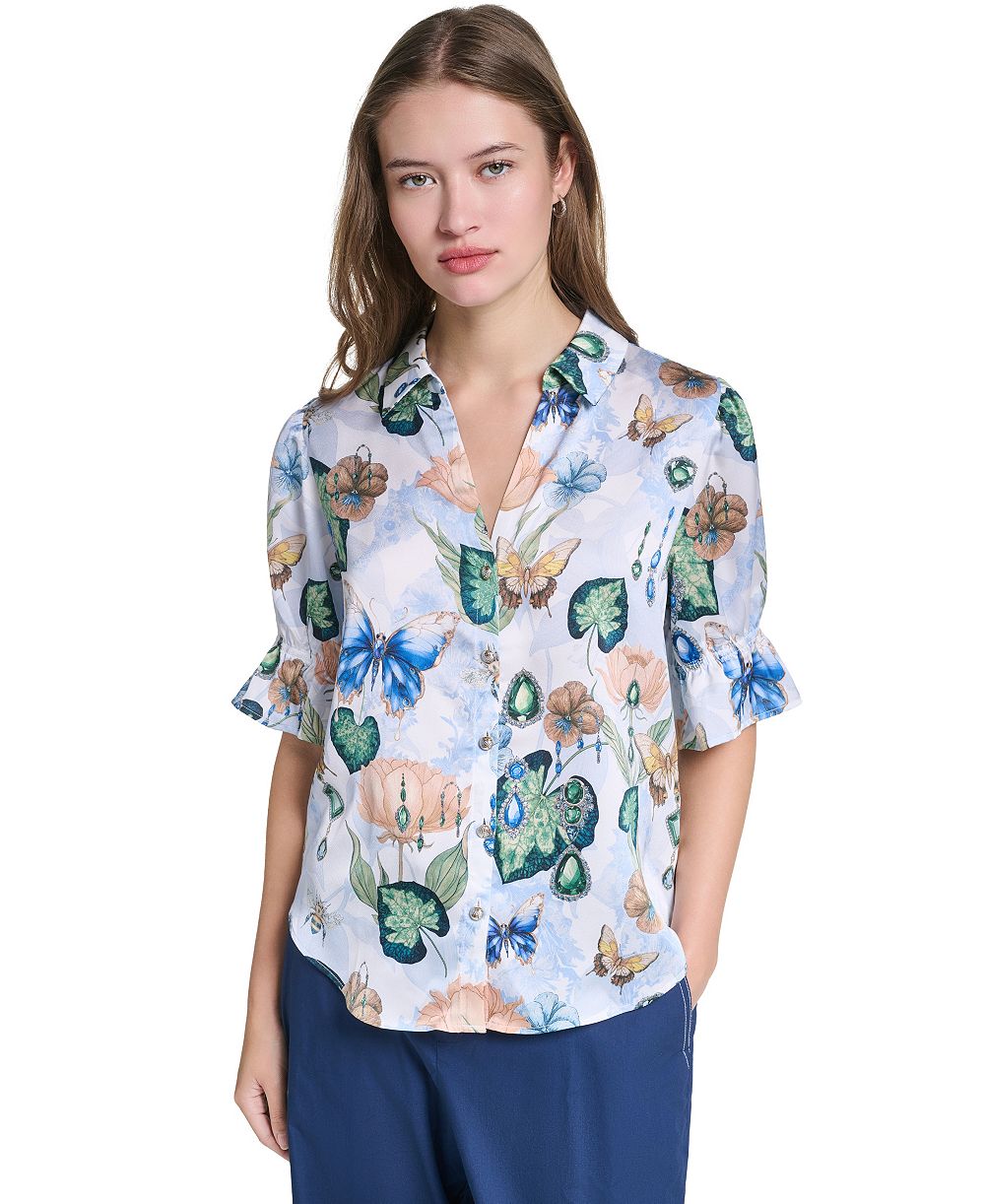 KARL LAGERFELD PARIS Women's Floral Brocade Print 3/4-Sleeve Button-Up Blouse