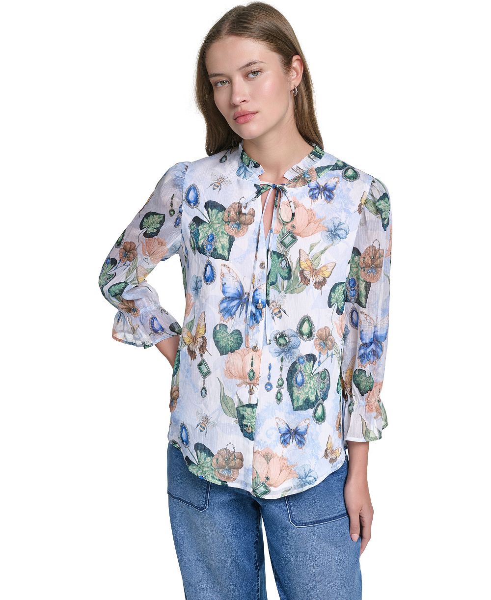 KARL LAGERFELD PARIS Women's Ruffle Collar Printed Chiffon Button-Up Blouse