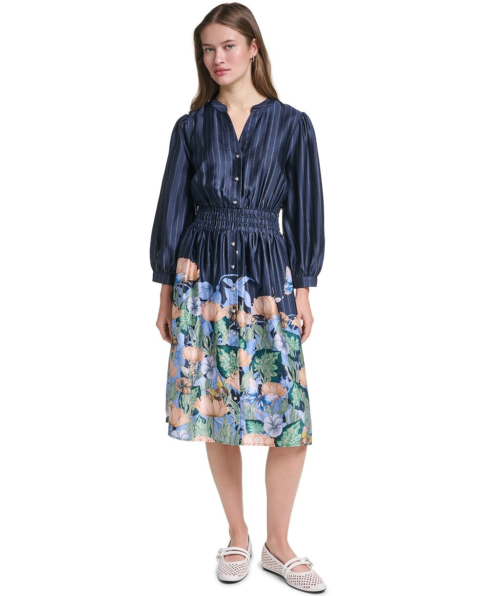 Женское платье KARL LAGERFELD PARIS Striped Floral 3/4-Sleeve Button-Front