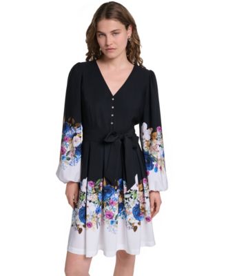 KARL LAGERFELD PARIS Women's Floral Long-Sleeve Self-Tie Button-Front Dress
