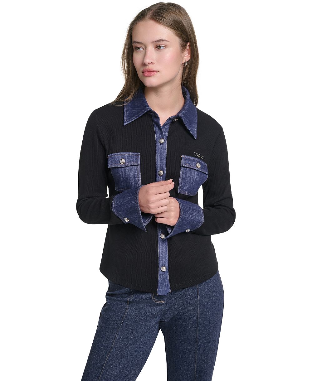 KARL LAGERFELD PARIS Women's Denim Collar and Cuffs Knit Button-Up Top