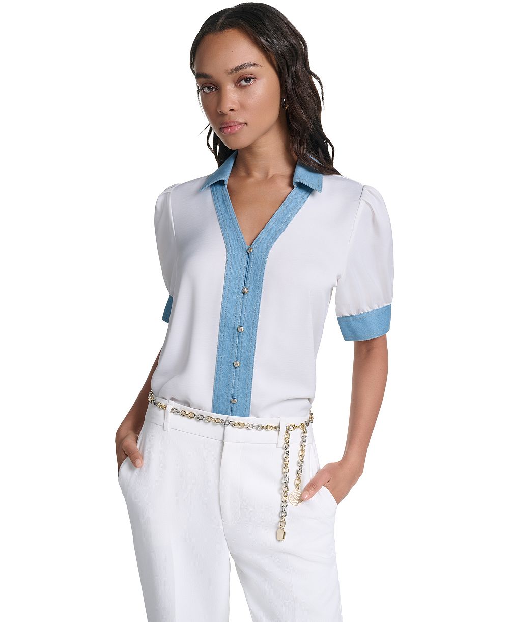 KARL LAGERFELD PARIS Petite Denim Collar Button-Front Blouse