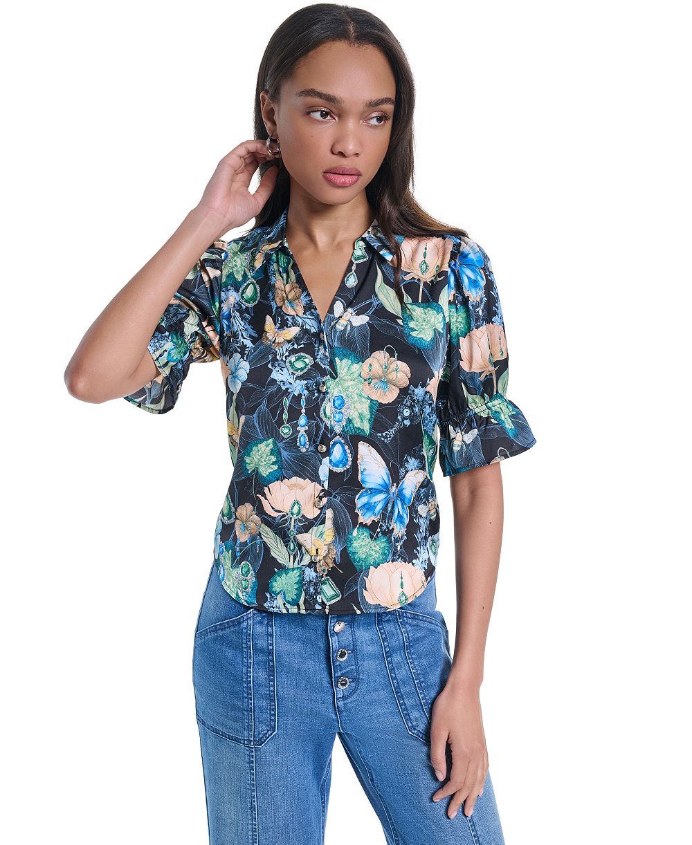 KARL LAGERFELD PARIS Petite Collared Printed Woven Top