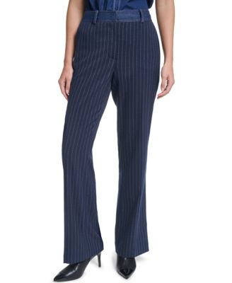 KARL LAGERFELD PARIS Women's Striped Straight-Leg Denim Waistband Pants