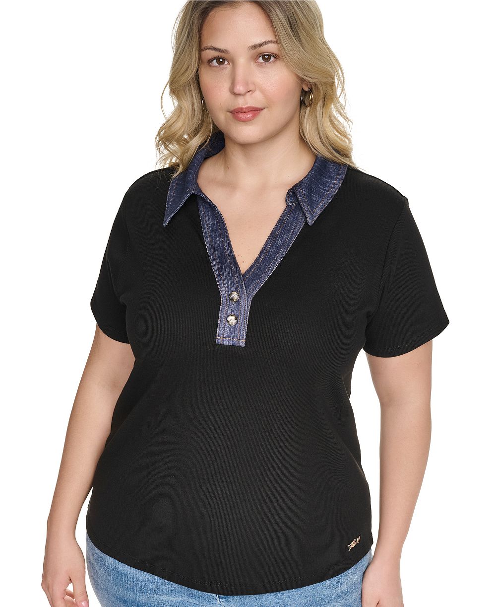 KARL LAGERFELD PARIS Plus Size Collared Short Sleeve Pull-On Top