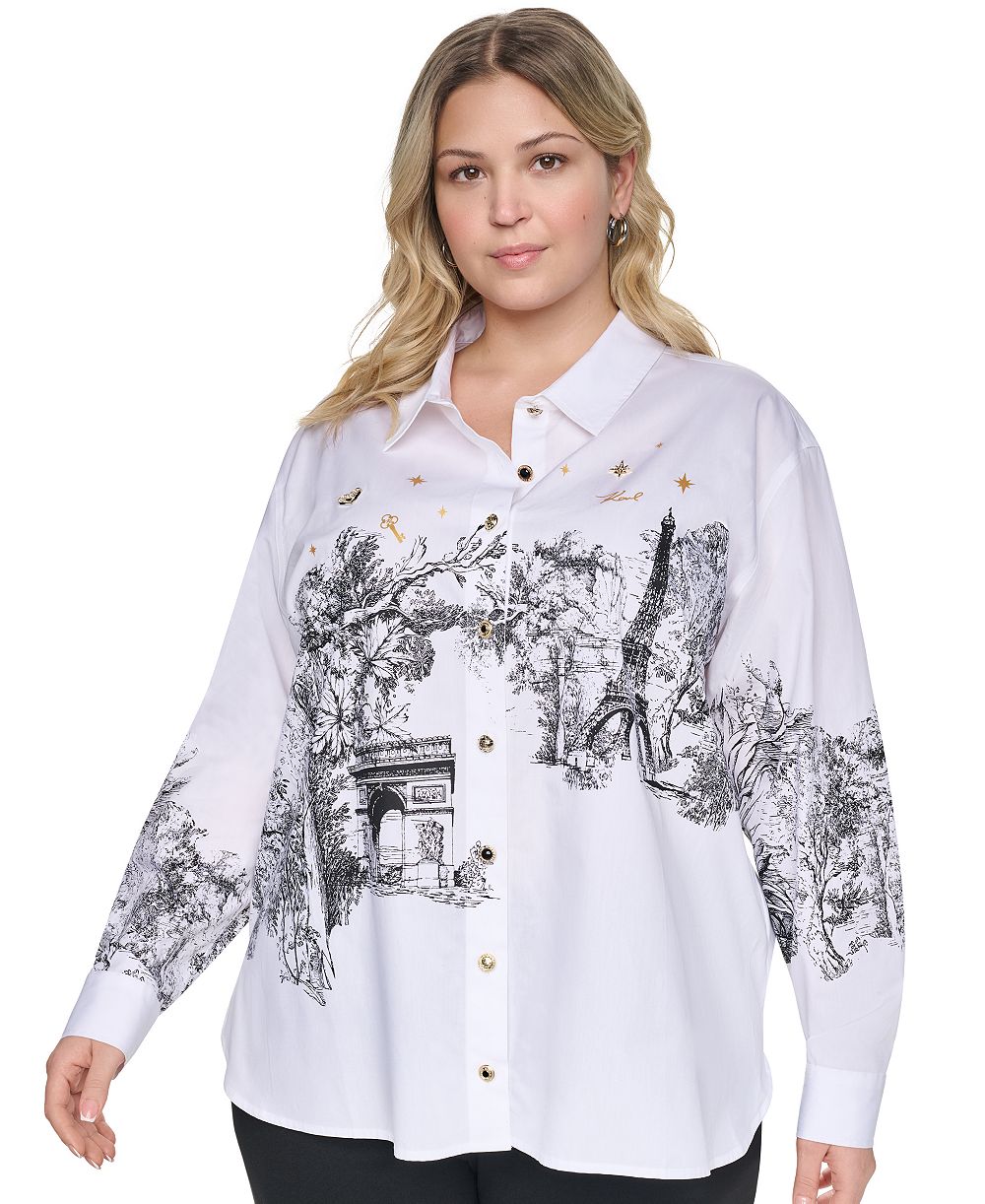 KARL LAGERFELD PARIS Plus Size City Scene Poplin Collared Long-Sleeve Top
