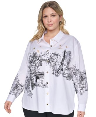 KARL LAGERFELD PARIS Plus Size City Scene Poplin Collared Long-Sleeve Top