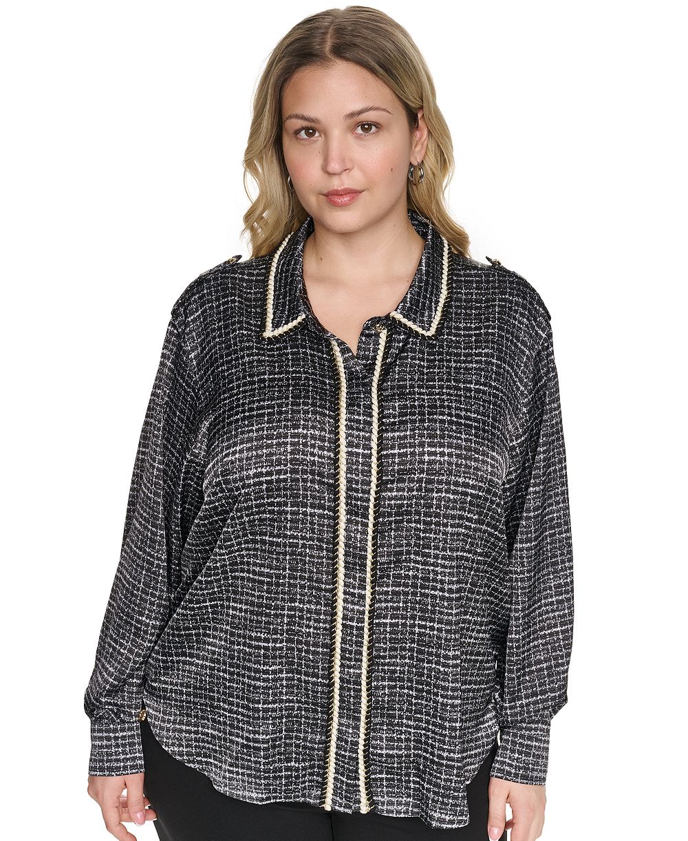 KARL LAGERFELD PARIS Plus Size Tweed Print Collared Long-Sleeve Top