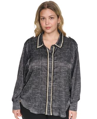 Женский топ KARL LAGERFELD PARIS Plus Size Tweed Print Collared Long-Sleeve