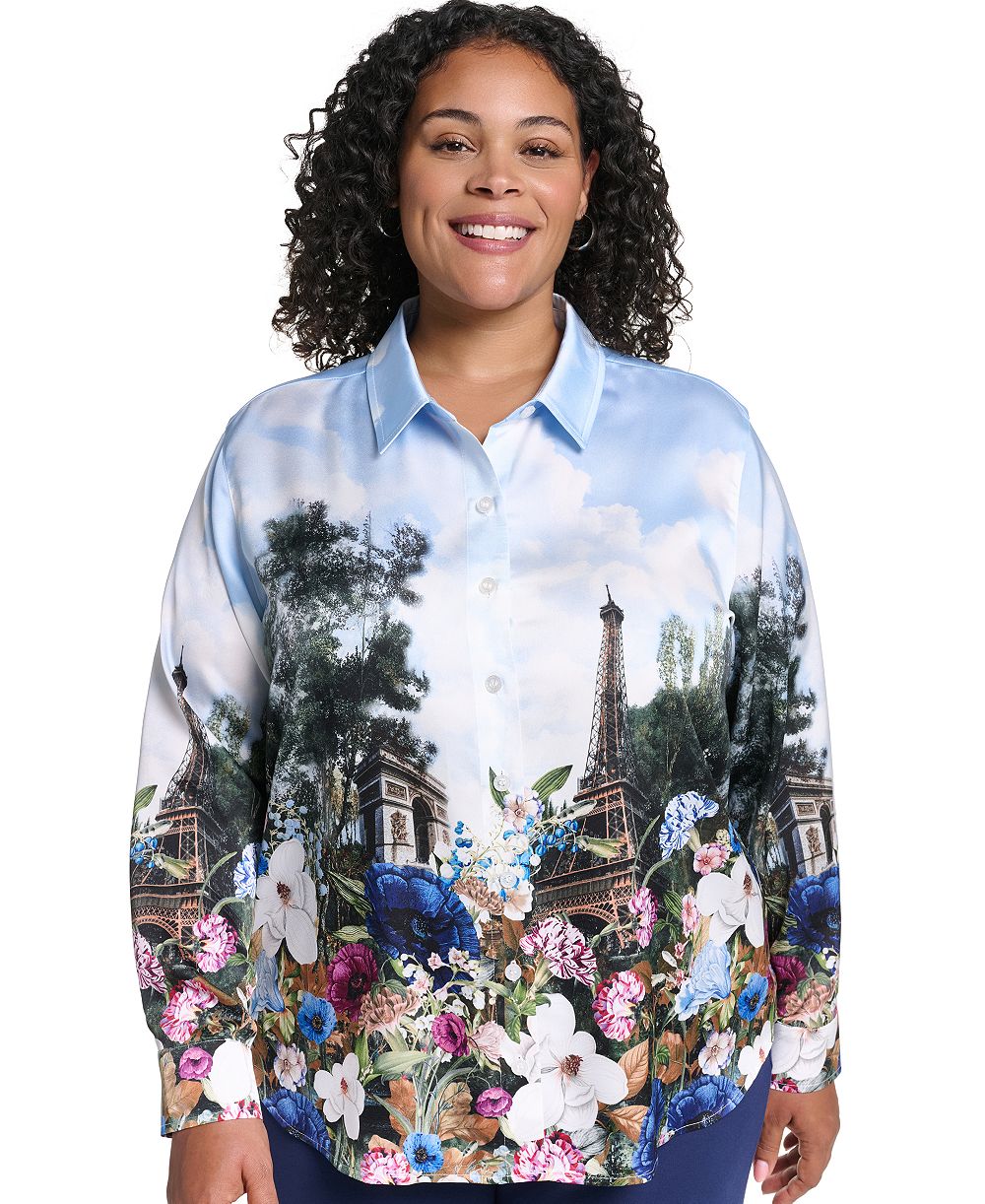 KARL LAGERFELD PARIS Plus Size City Scene Collared Button-Front Top